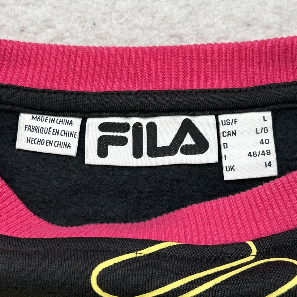 Fila Sweatshirt Womens Large Crewneck Black Yellow All Over Print Pullover Logo - Image 3 of 4