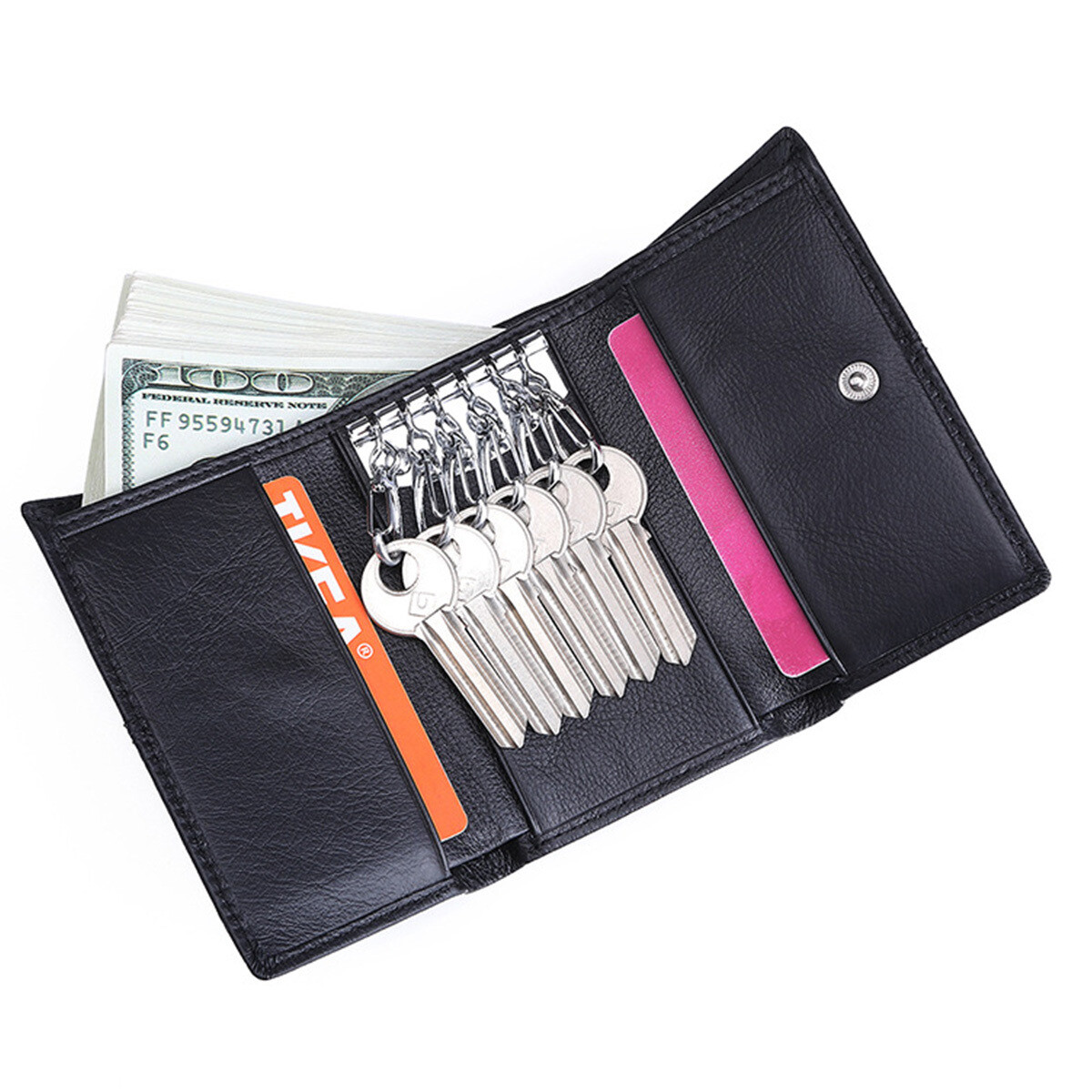Leather Tri-Fold Wallet Business Key Case Solid Snap Credit Card Holder