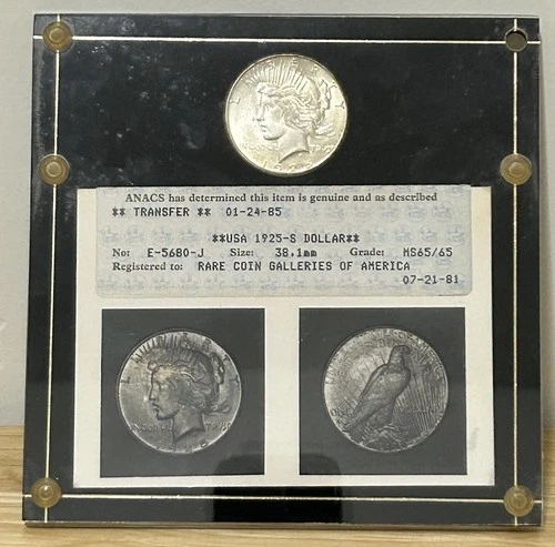 1925-S Peace Dollar MS65 ANACS Old Photo Certificate Vintage Slab Rare Coin