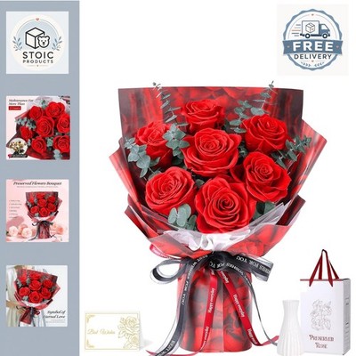 7 Rosen Blumenstrauß mit Vase rot konserviert Blumen Geschenk für Sie zum Valentinstag