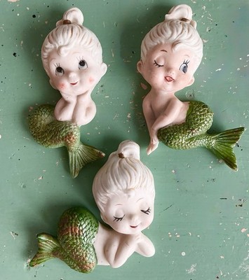 HTF Vintage Bradley Winking Mermaids Wall Plaque Set MCM Japan