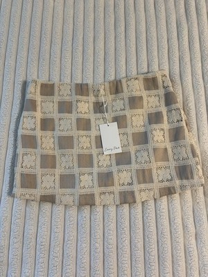 NWT Emory Park Jacquard Crochet Patchwork Mini Skirt Womens Large Cream Beige