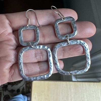 Vintage Haken Ohrhänger 2,5 Zoll offen quadratisch gehämmert Mexiko 925 Sterling 14,0 g