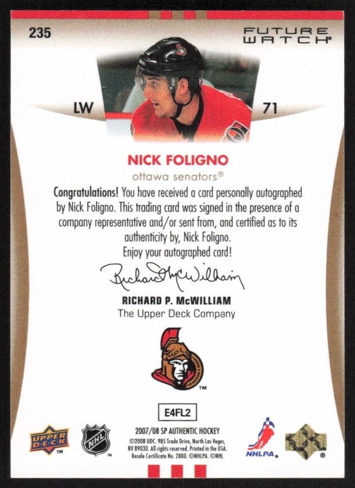 2007-08 SP Authentic Future Watch Auto Rookie #235 Nick Foligno /999 Senators - Image 2 of 2