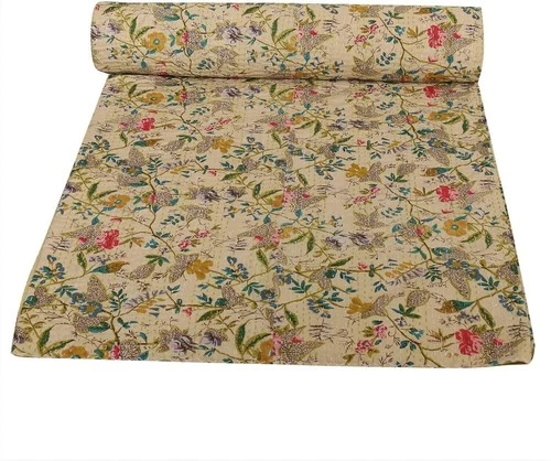 Indian Print Kantha Quilt Cotton Blanket Multicolor King Size Bedspread Throw