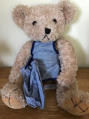 Jane Asher Debenhams angezogener Teddybär blaue Gingham-Schürze und passende Tasche
