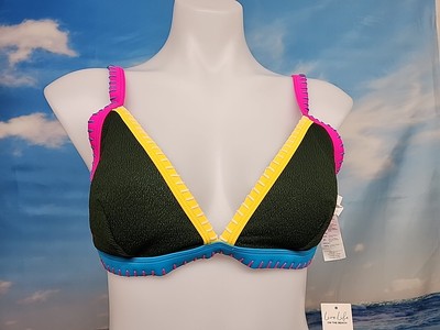 Nwt Cupshe Ribbed Green Bikini Top Womens Size Medium Blue Pink & Pink Trim