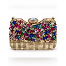 Jeweled Rhinestone Evening Clutch Multicolor Crystal Bag Removable Handle Chain