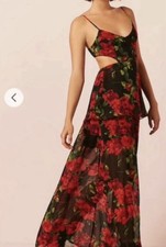Forever 21 Black Red Floral Cut Out Maxi Dress V-Neck Sleeveless Size L