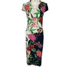 London Times Floral Jersey Knit V-Neck Midi Length Dress Sheath Stretch sz 10