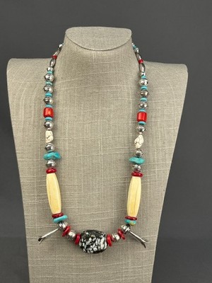 Antique Native American Sterling, Turquoise, Bone & Coral Beaded 25.5'' Necklace