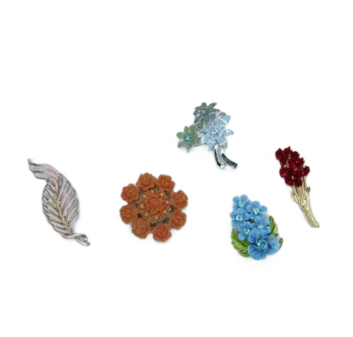 Lot/5- Unique Vintage Floral Brooch Pins incl. Rhinestone, Costume Jewelry –[B]
