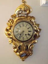 Vintage Swedish early to mid 20th Century Carved & Gilt Rococo Style Wall Clock
