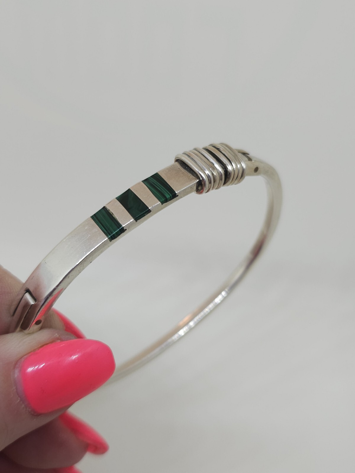 Sterling Silver Hinged Malachite Bangle Bracelet … - image 15