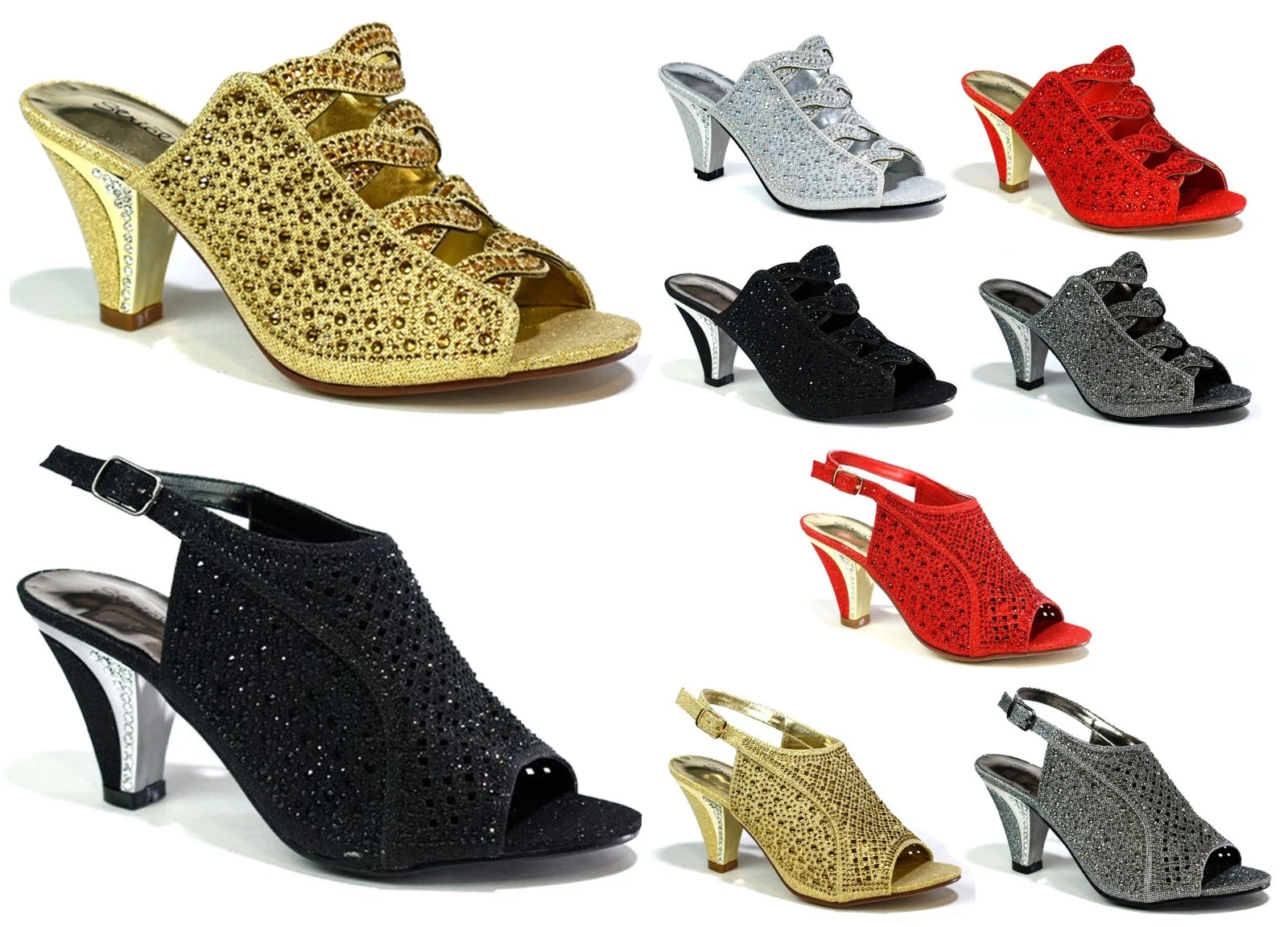 Womens DIAMANTE Black Sandals Slip on PEEP TOE WEDDING PARTY Summer UK SIZES 3-8