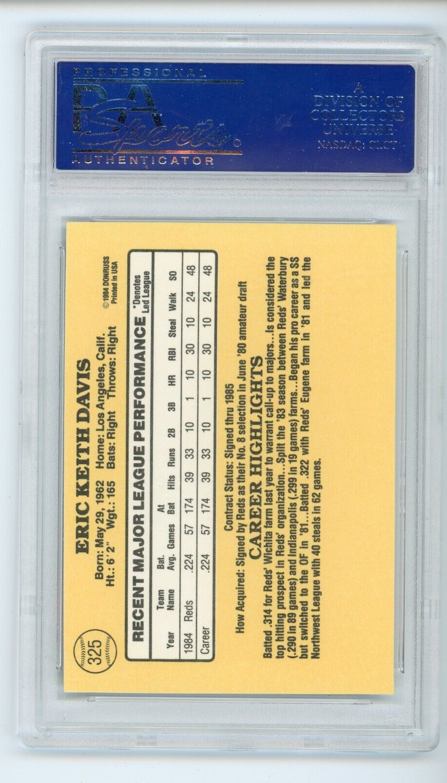 1985 Donruss #325 Eric Davis PSA 10 RC Rookie #1906 - Picture 2 of 2