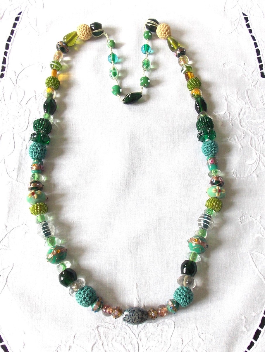 Collier Sautoir Artisanal Verdure - Perles De Verre Crocheté - Création Sylvette Raisonnier