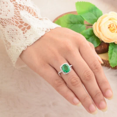 3.26 TCW Zambian Emerald H/SI Round Diamond Ring 10k White Solid Gold Jewelry - Image 1 of 4