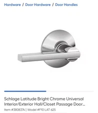 Schlage F10 LAT Latitude Door Lever, Hall & Closet Passage Lock Chrome