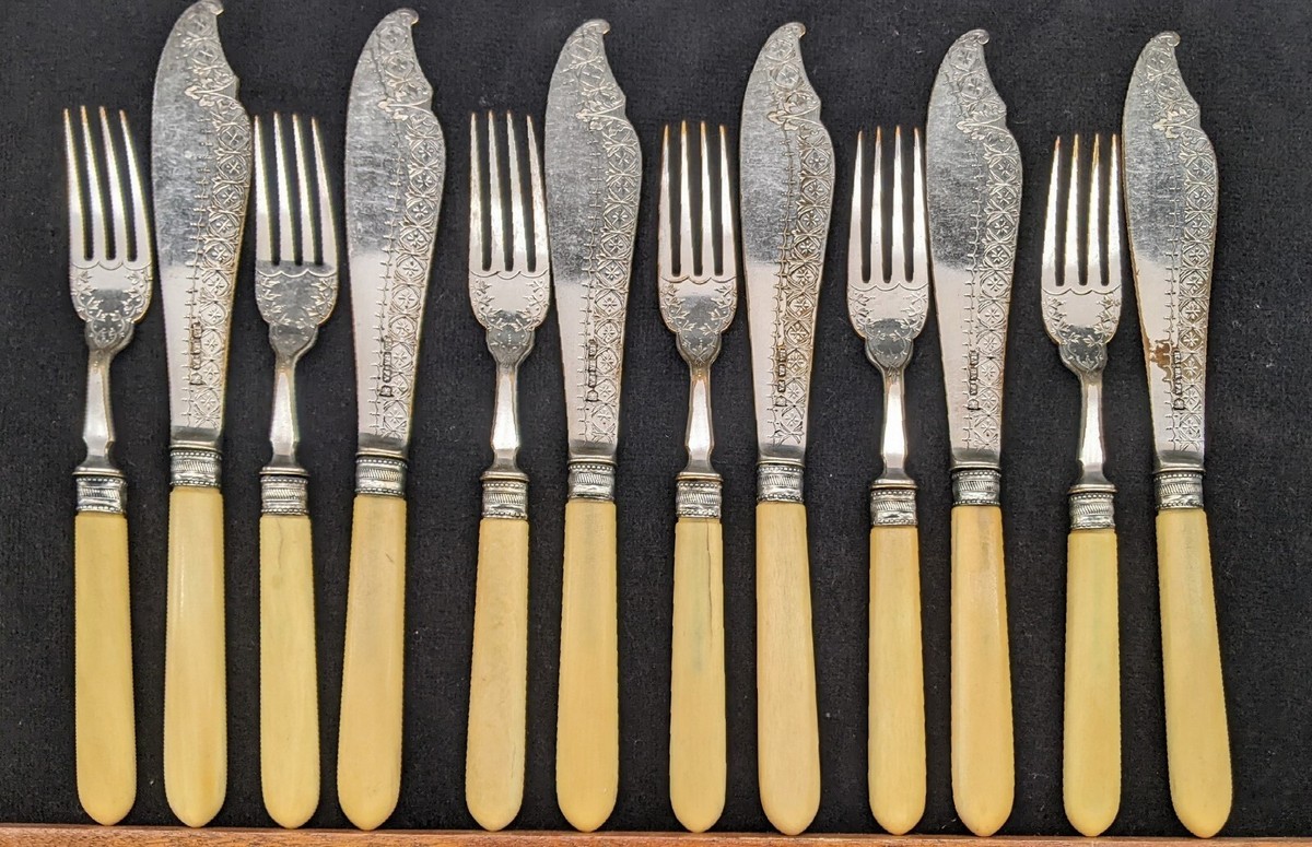 Set 6 Antique Sheffield England Atkins Brothers Fish Knife & Fork