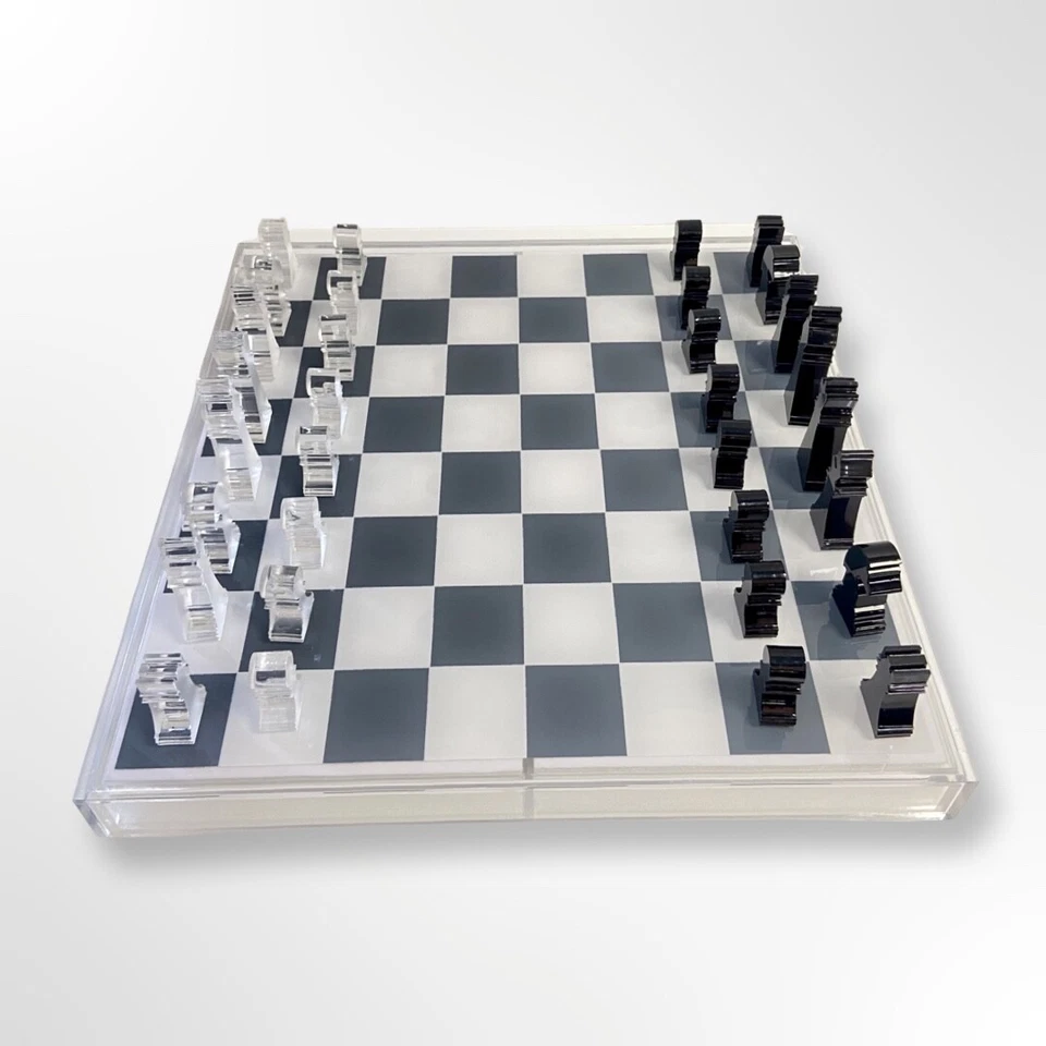 Lucite Acrylic Chess + Checkers Premium Set - Large 17.5" (Clear/White) - Image 2 of 4