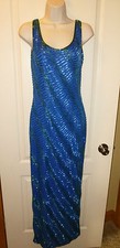 GORGEOUS SCALA Long Silk BEADED Slit Dress LOW BACK GOWN GREEN BLUE SMALL EUC