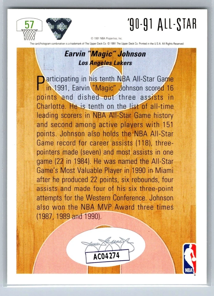 1990-91 Upper Deck #57 Magic Johnson All-Star automático con certificado de autenticidad JSA Foto 2 de 2