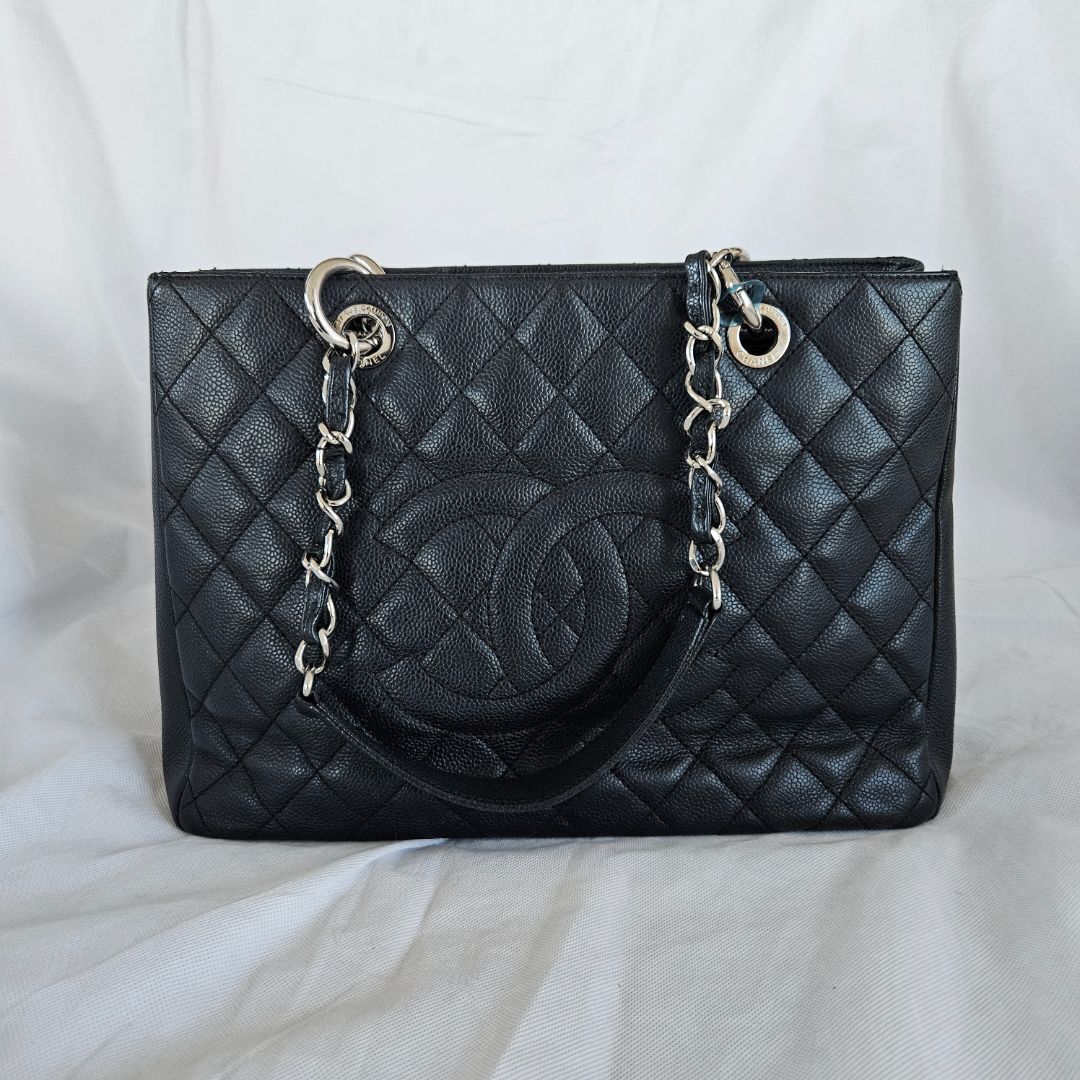 Chanel black caviar GST tote bag with gold hardware