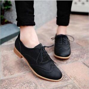 Women's Pointed Toe Patent Leather Brogue Lace Up Flats Oxfords Shoes Plus Size 