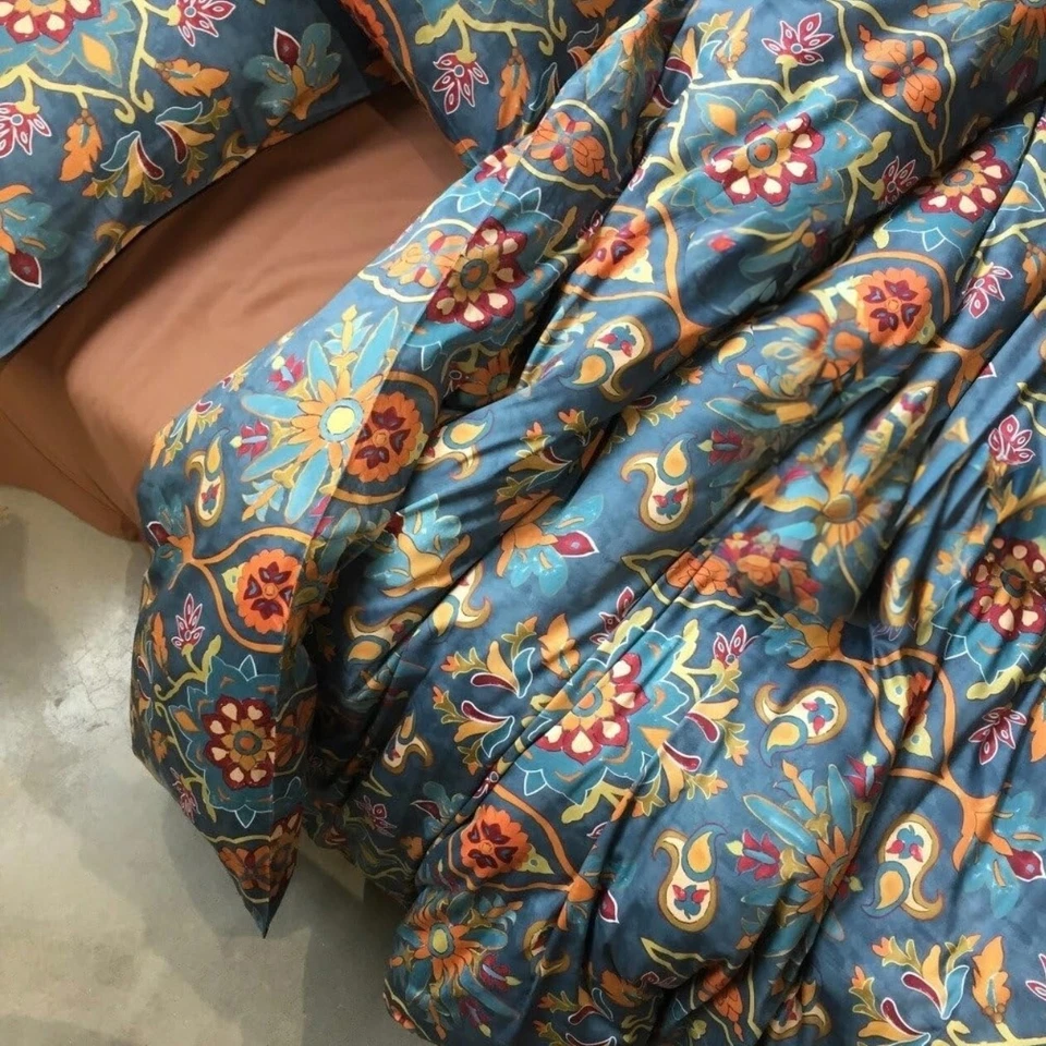 NEW Anthro Blue Damask Boho Queen King Egyptian Cotton Bedding Duvet & Sham Set - Image 4 of 4