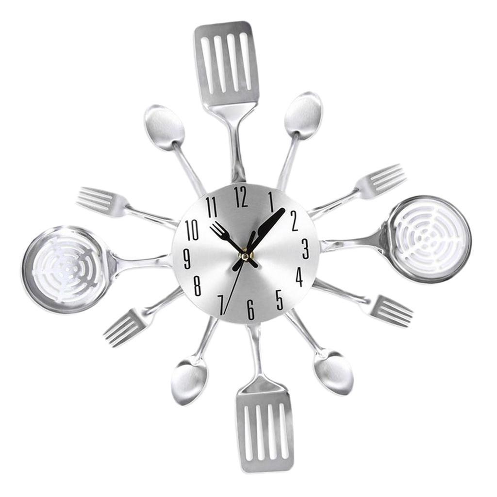 Kitchen Utensil Clock-Silver-Toned Forks, Spoons, Spatulas