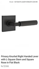 Emtek Knurled L-Square R- Hand Privacy Door Lever-Flat Black US19-Square Rosette