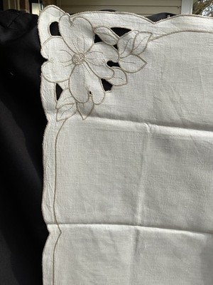 Embroidered Linen Floral Cut Work Tablecloth 31'' x 32'' Ecru Scalloped Vintage