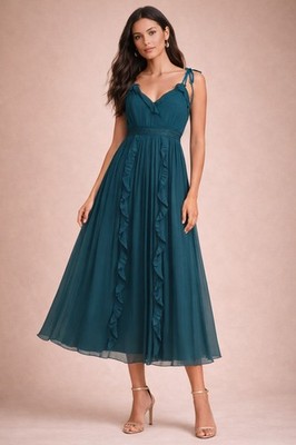 Lulus Teal Pleated Midi Dress Small Elegant Flowing Date Night Cocktail