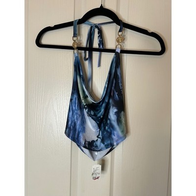 7DAY WKND Blue Marble Halter Crop Top Gold Medallion Cowl Neck Small NWT