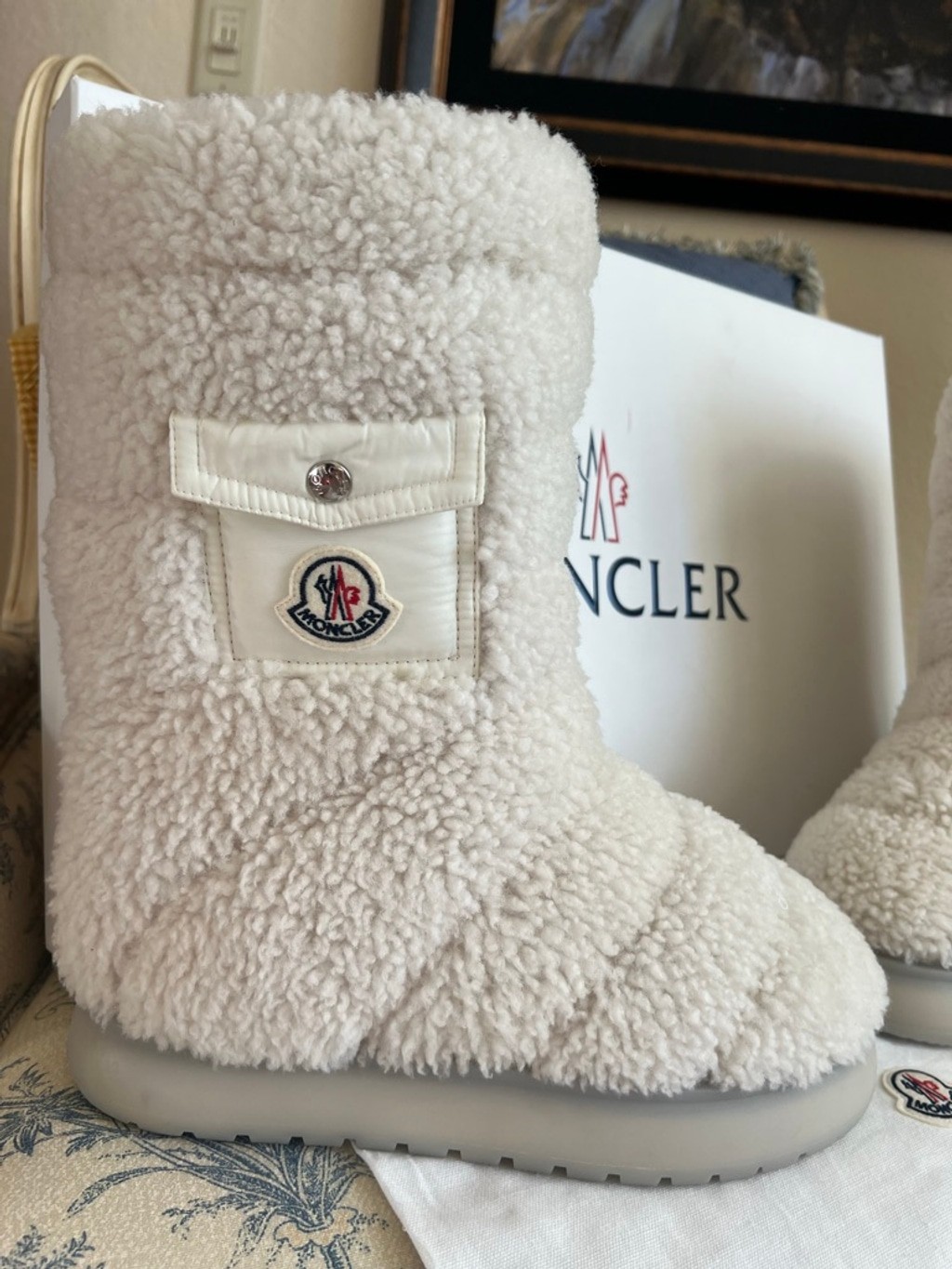 Women's Moncler White Gaia Pocket Mid Shearling Winter Boots 40 (9-10) image 4