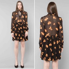 Ganni Fairfax Georgette Mini Dress 14 12 Sheer Ruffle Floral Sleeve Black Orange