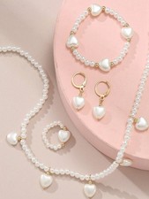 Woman Pearl Heart jewelry Set Necklace Bracelet Earrings Ring