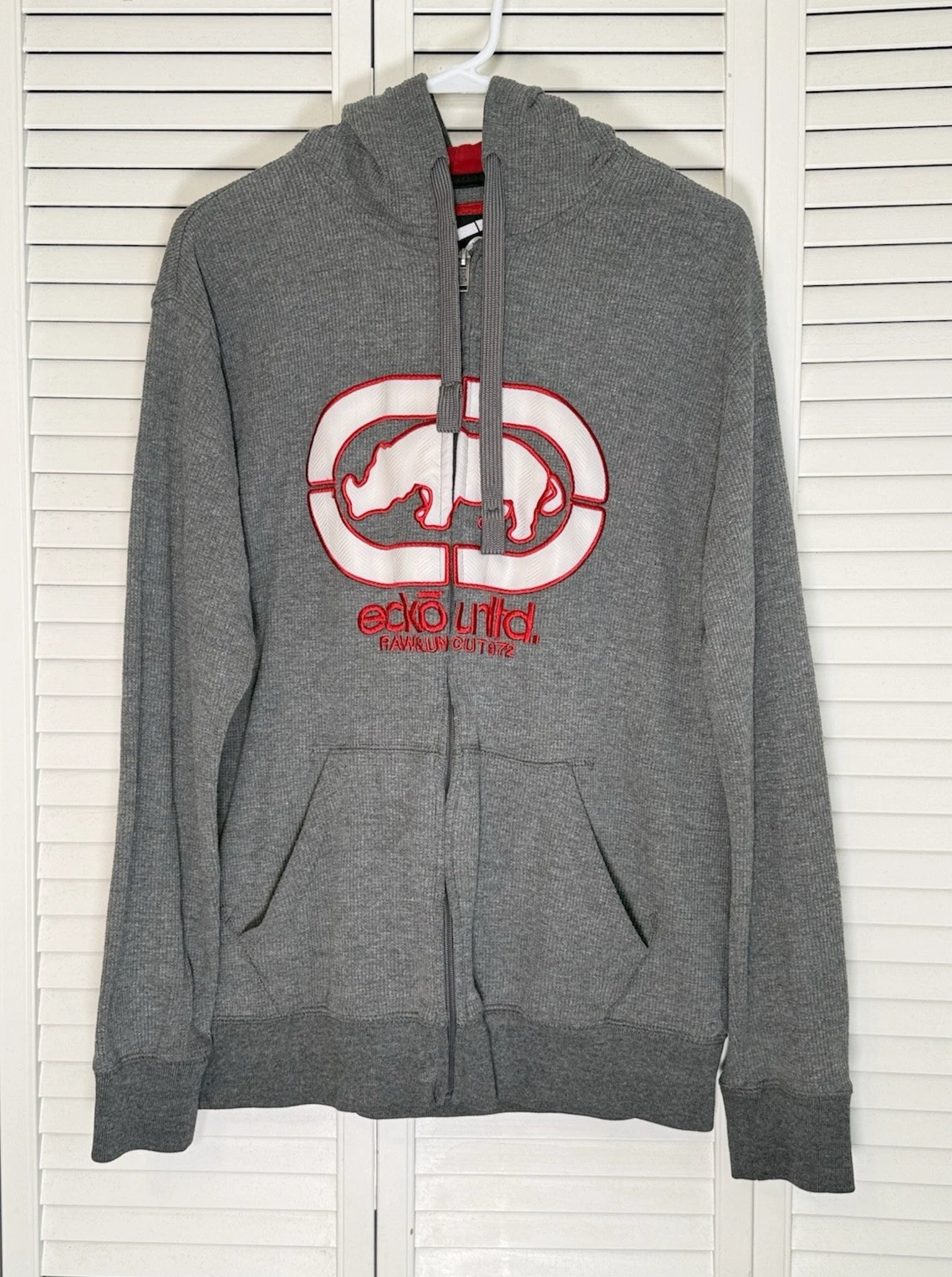 Ecko Unltd Men's Y2K Thermal Hoodie Heather Gray Red Rhino Logo Full Zip Size L