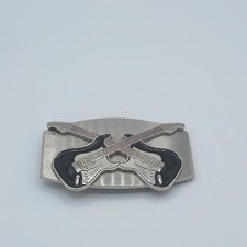 Vtg Double Guitar Crossed Black Enamel Silver Belt Buckle