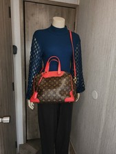 Louis Vuitton Brown Red Monogram Satchel Gold Hardware Lock Detachable Strap