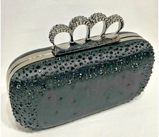 Charming Charlie Black Satin Rhinestones Decorated Clutch Purse EVENING RARE
