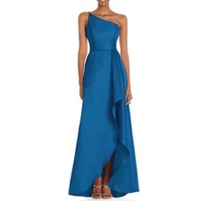 NWT Alfred Sung D831 Classic Blue One-Shoulder Twill High-Low Gown Size 8 252