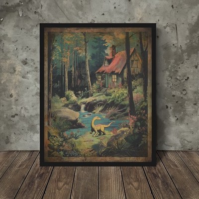 Vintage DINOSAUR Cabin Wall Art, Jurassic Nature Tree Decor, Dino Forest Camping