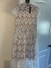 Boohoo White Lace Dress Nude Liner Women’s US 10 Short Sleeve Elegant