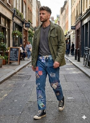 Unisex Upcycled Patchwork Denim Levi 569 34x34  Jeans with Draw String Waist 