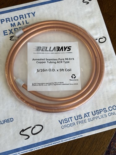 Annealed Seamless Pure 99.9+%Copper Tubing ACR Type5/16in O.D. x 5ft Coil