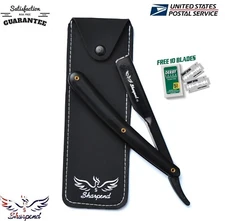Black Classic Straight Edge Barber Razor Folding Shaving Knife + 10 Blades USA
