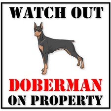 Doberman On Property dog bumper sticker decal 4" x 4"