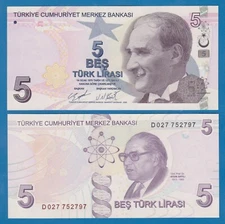 Turkey 5 Lira P 222bd 2020 (2009) UNC Prefix "D" New Signature, P 222 b d